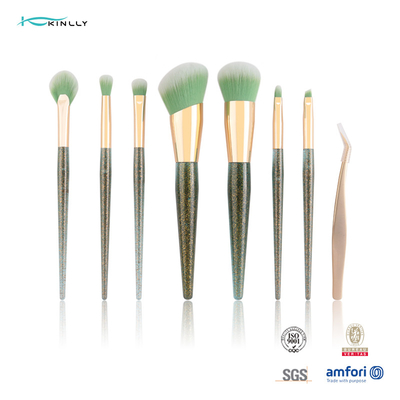 Punho plástico da cor verde de grupo de escova da composição da marca própria 7pcs com pinça da beleza