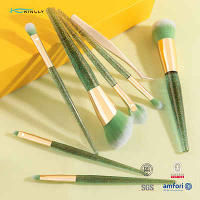 Punho plástico da cor verde de grupo de escova da composição da marca própria 7pcs com pinça da beleza