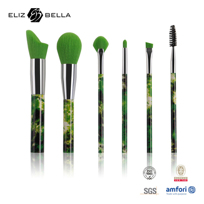 Conjunto de pincéis de maquiagem de 6 peças com estampa completa para cabelo sintético verde escova cosmética