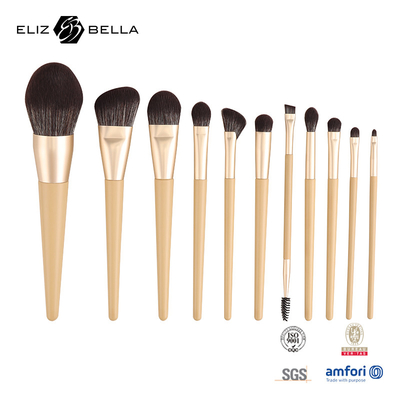 11 peças de madeira de manuseio de maquiagem de beleza escova de alumínio ferrule escovas cosméticas, escova de cabelo sintético
