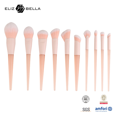 10pcs Pink Plastic Handle Travel Makeup Brush Set com cabelo sintético, ferramentas de maquiagem de beleza