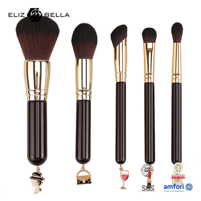 5pcs de maquiagem de viagem personalizável pincel conjunto de alça de madeira Ferrule de alumínio e 100% de cabelo sintético