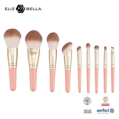 Conjunto de escovas de maquiagem profissional de 9pcs com alça de madeira e ferrule de alumínio personalizado
