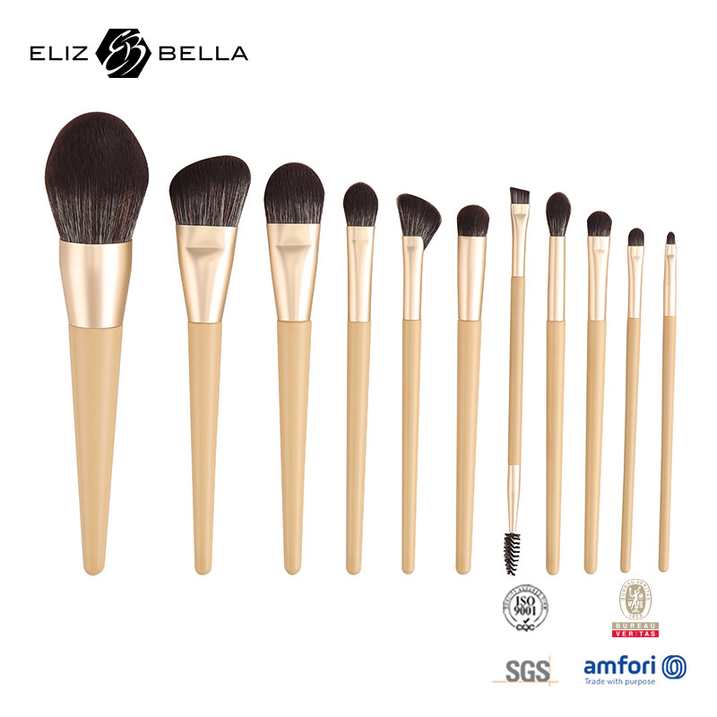 11 peças de madeira de manuseio de maquiagem de beleza escova de alumínio ferrule escovas cosméticas, escova de cabelo sintético