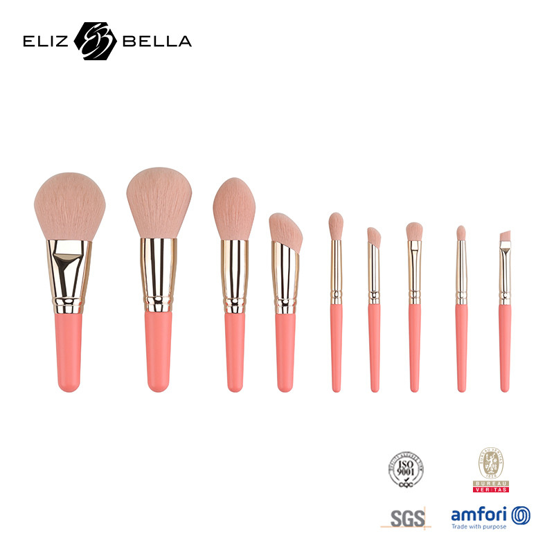 9PCS Cute Brushes de maquiagem com manuseio de madeira curto 100% cabelo sintético OEM